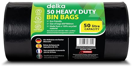 Delka Bolsas de basura negras resistentes, forro de plástico extrafuerte, a prueba de fugas, ideales para cocina, hogar, bricolaje y jardín, hogar, oficina y catering, hechas de material 100%