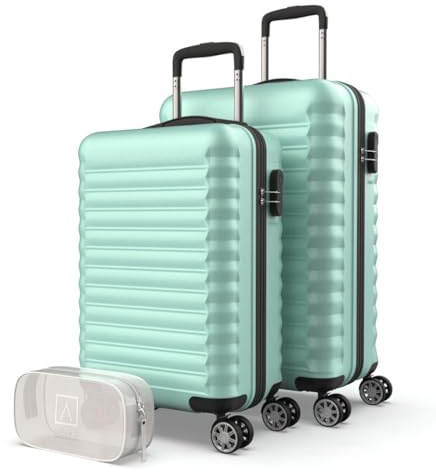 NUMADA-Juego de Maletas Rígidas 3pzs. Maleta Cabina 53cm, Maleta Mediana 63cm y Neceser. Set de Maletas de Viaje ABS Eco Friendly, 4 Ruedas Dobles, Resistentes, Ligeras y Seguras (Verde)