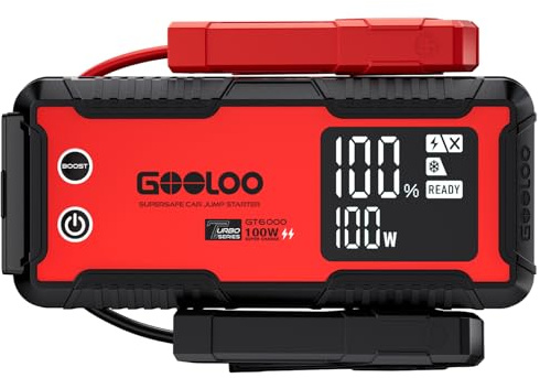 GOOLOO GT6000 Booster Avviamento Auto, 6000A Picco Ultar Sicuro Caricatore Rapido a Doppio Senso per Veicoli a 12V (All Benzina/12 L Diesel), Booster per Auto con Torcia LED e Schermo LED da 3,2
