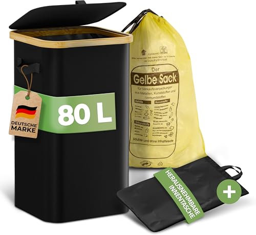 COTTARA® Supporto giallo con tasca interna lavabile, per sacco della spazzatura, con coperchio e cerniera sul retro, colore giallo, 80 l (nero)