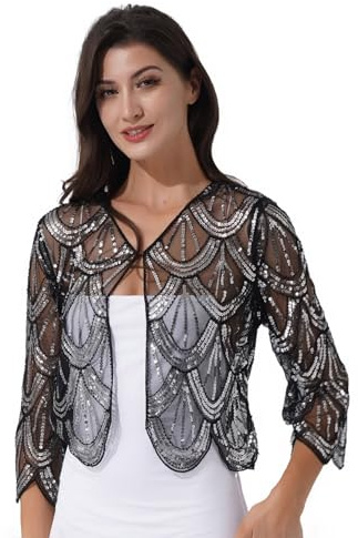 Yhong Bolero da Donna Cardigan Corto Giacca a Maniche Lunghe in Pizzo Elegante Coprispalle Estivo per Matrimonio Abito Argento Taglia Unica