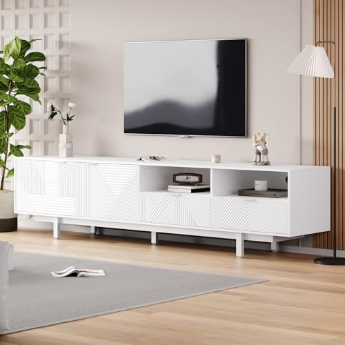 Armario bajo para TV de 200 cm de largo, con 2 puertas y 2 cajones, apto para 90 pulgadas, mesa de televisión con compartimento abierto, armario para salón, dormitorio, 200 x 40 x 51 cm, blanco