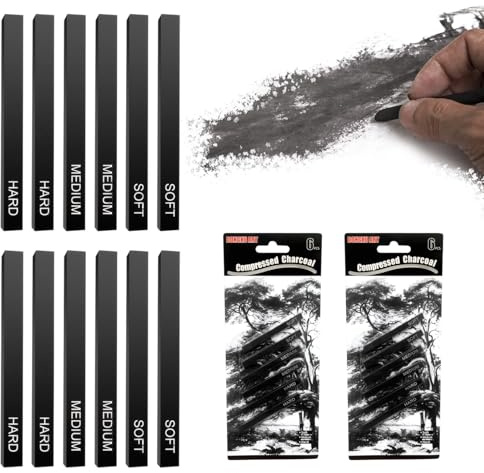 12 Square Charcoal Pencils for Artists, Charcoal Art, Compressed Charcoal Sticks for Sketching Practice, Landscape Rendering and Creating Special Effects, Great for Art Students and Professional Artis
