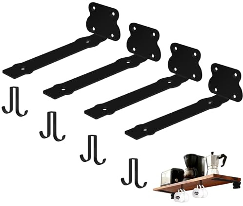 BRATA 20 cm L-formade hyllkonsoler, set om 2 par svarta hyllfästen med 4 dubbla krokar, idealisk förvaringslösning för gör-det-själv-projekt för hemmet