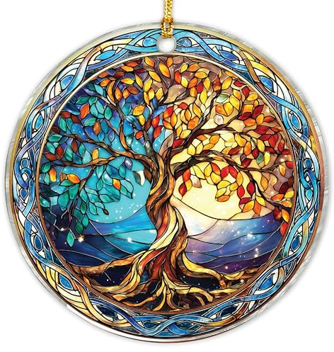 Tree of Life Stained Glass Effect Suncatcher Ornament – Round Window Hanging Decoration with Colorful Leaves - Spiritual Sun Catcher Symbolizing Growth, Balance & Harmony - Gift for Home or Garden