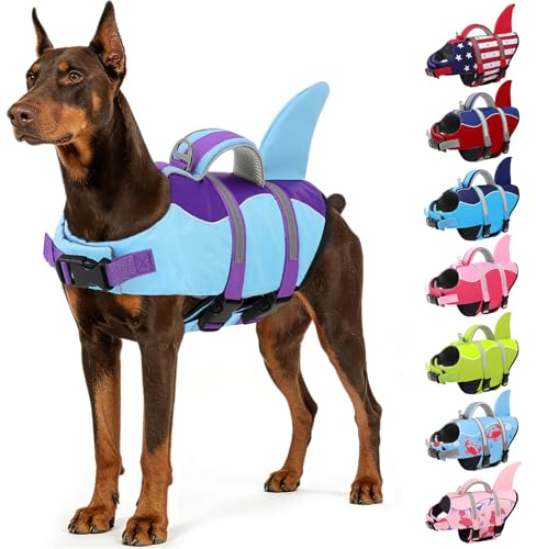 AOFITEE Dog Life Jacket, Dog Life Vest for Swimming, Shark Dogs Swimming Vest with Rescue Handle and Reflective Stripe, Ripstop Pet Float Coat Swimsuit Lifesaver Small Medium Large Dogs Purple L