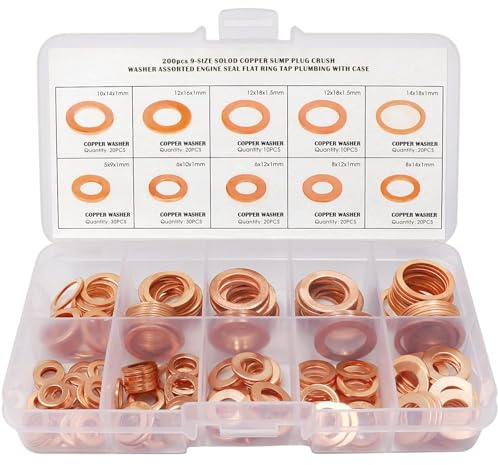 ADNEWX Rondelle Cuivre, Joint Vidange Assortiment Kit 200 Pcs | 9 Tailles, M5 M6 M8 M10 M12 M14 Rondelle Plate pour L'étanchéité des Vis Bagues D'étanchéité