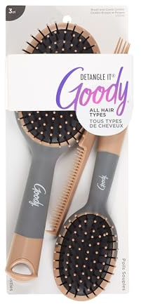 Goody Detangle It Hair Brushes Set - Large Oval Paddle Brush + Detangling Comb + Mini Brush, Suitable for Detangling & Styling, Pick Comb for Tangles On-the-Go, For Wet or Dry Hair, Brown/Grey