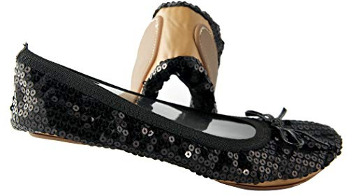 Sequin Sparkle Foldable Portable Shoes - Comfortable Women Ballet Flats That foldup and fit in Bag, Black, 9 UK