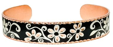 Artisan Manchette Réglable Fleur Bracelets, Étroite avec Fond Noir Cuivre Femme, One Size, Acier Inoxydable Argent Sterling