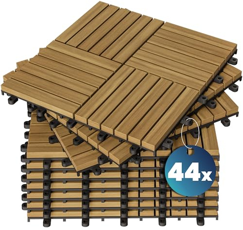 CASARIA® 44x Wooden Quattro Mosaic Decking Tiles | 30x30cm | Cuttable Interlocking System | Drainage System | Garden Patio Click Lock-in Flooring Deck | FSC-Certified Acacia Wood | 44 Tiles