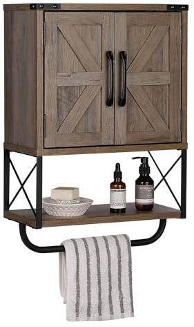 RUSTOWN Farmhouse Rustic Medicine Cabinet with Two Barn Door,Wood Wall Mounted Storage Cabinet with Adjustable Shelf and Towel Bar, 3-Tier Cabinet for Bathroom, Living Room(Washed Oak)