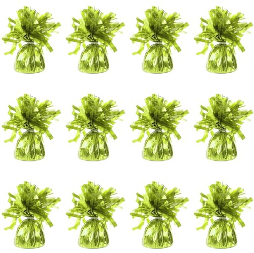 Pesas de globo de aluminio para globos de helio en lámina verde limón, 12 x 160 g, peso pesado para globos de cumpleaños, boda, celebración con borlas