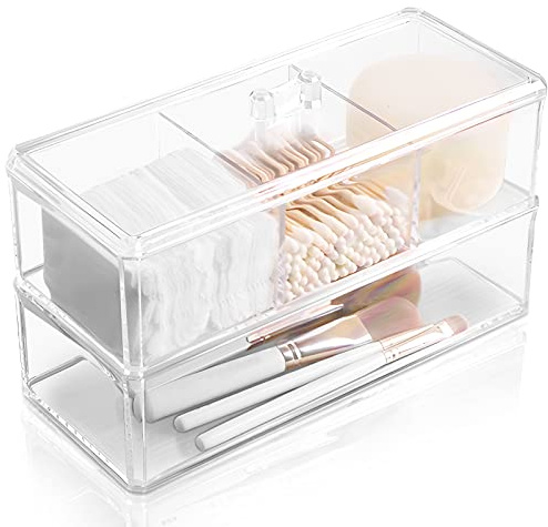 Qtip Holder Dispenser, 2Layer Cotton Ball Holder for Cotton Swab | Cotton Pad Container for Bathroom Vanity Countertop Storage, Drawer Organizer for Earrings, Jewelrys