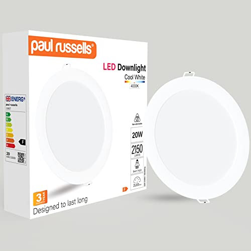 paul russells LED Ceiling Downlights, 20W Slim Recessed Bathroom Downlights, Kitchen Ceilings, 2150 Lumens, 4000K Cool/Natural White, Cutout 170-180mm, Round Non-Dimmable Panel Spotlights, 1 Pack