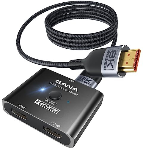 GANA Commutateur HDMI 2.1, répartiteur bidirectionnel Ultra HD 8K, 4K @ 120 Hz, 8K @ 60 Hz, sélecteur en aluminium pour PS5/PS4, Xbox, Roku, TV, Fire Stick (noir) Avec câble de 1,2 m
