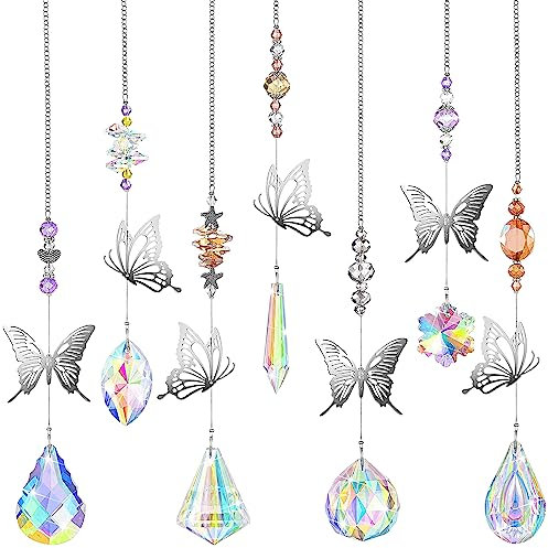 Kristall Sonnenfänger Fenster Deko Anhänger - 7 Stück Schmetterling fensterdeko hängend Glas Prisma Anhänger Regenbogen Sonnenfänger für Zuhause Fenster Garten Dekoration