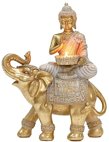 Buddha Statue for Home Decor Gold Candle Holder 11.5”-Elephant Buddha Statues for Zen Decor - Spiritual Buddha Decor for Living Room-Buda–Budda–Buddha Gift for Relaxation, Meditation or Shrine