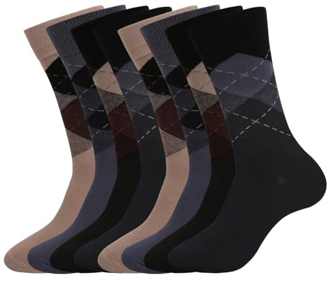 WANDER Men's Dress Socks Cotton Thin Classic Argyle Calf Socks Black Coffee Grey Tan Crew Socks (Shoe Size:13-15,8 Pairs Argyle Pattern)