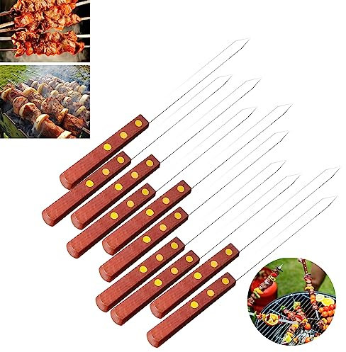 Spiedini per Barbecue, 10 pezzi Spiedini piatti per Barbecue in acciaio inox, 40cm Spiedini per Barbecue Riutilizzabili Spiedini per Shish Kebab con manico in legno Spiedini per Kebab di Carne