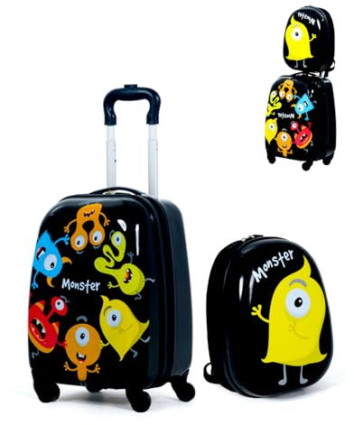 SOARS Kinderkoffer & Rucksack, Kindertrolley mit Rollen & verstellbarem Griff, Koffer Set, Kindergepäck, Reisekoffer Kinder Jungen & Mädchen, für Spielzeug, Kleidung (Monster, 12+16)