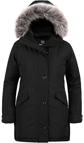 Wantdo Manteau d'Hiver en Duvet pour Femmes Parka Chaude pour l'Extérieur Veste Coupe-vent avec Capuche en Fourrure Détachable pour le Travail et la Marche Noir 52-54