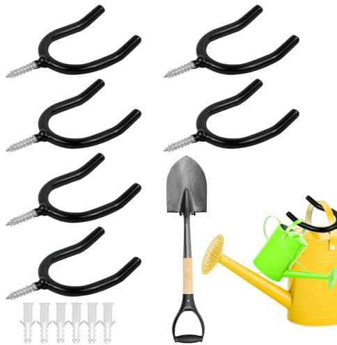 Support Mural Rangement Outils de Jardin - 6 Pièces en Métal Noir pour Balai, Vadrouille - Support de Fixation Murale