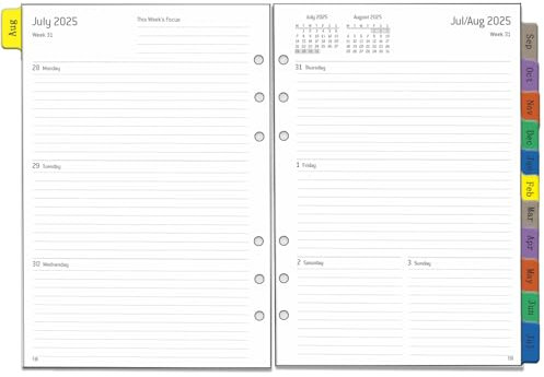2025 2026 Wochenplaner Einlage A5 6 Löcher, Englisch, 1 Woche 2 Seiten mit Tabs, Extra Notizen Kontakt, von Aug.25 bis Jul.26, 100 gsm, Nachfüllpapier für Kalender 2025 2026 Planer