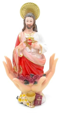 WONDERFUL Estatua Sagrada de Jesús con Corazón Sagrado, 30 cm, Base Decorativa con Rosas, Diseño Religioso