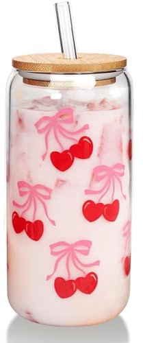 JZSMY Cherry Bow Glass Cup with Lids and Straws, Valentine Gift Iced Coffee Cup Beer Can Shaped 500ml Cute Tumbler Mug Drinking Glasses for Long Drinks, Water, Cocktail, Whiskey