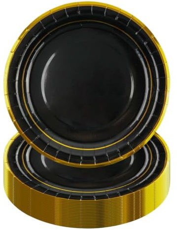 HiEnjoin 50 Stück Schwarz Partyteller,23cm Goldfolie Teller Pappteller für Geburtstag Dessertteller oder Jubiläen, Geburtstage, Hochzeitsfeiern