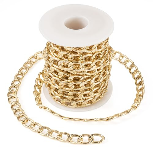 FASHEWELRY, Catena in alluminio a maglia barbazzale da 5 m, 14,5 x 10 x 2 mm, catena a maglie cubane spesse non saldata colore oro, con bobina, per gioielli e collane