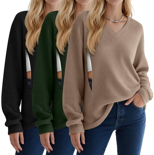 Sweetyweee 3 Pack Women's Oversized Nursing Tops Waffle Knit V Neck Breastfeeding Long Sleeve Shirts Hidden Zipper Sweatshirt(Coffee, Army Green, Black,X-Large)