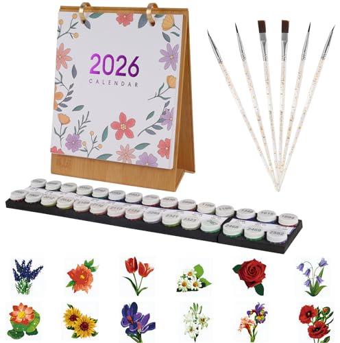 Calendrier Peinture par numéros 2026,calendrier de table DIY Peinture par numéros Contient 12 fleurs différentes,avec pinceaux,peinture acrylique pour la maison,le bureau,la décoration intérieure
