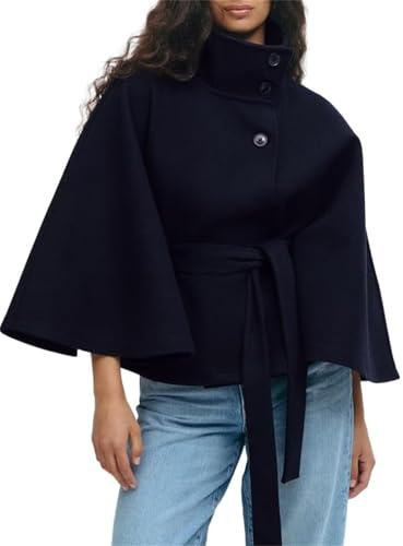 Poncho da donna con maniche a pipistrello, cappotto stile pavone, soprabito invernale corto, mantello con cintura a fascia, cappotto in lana per l'autunno con collo a camicia, Nero , M