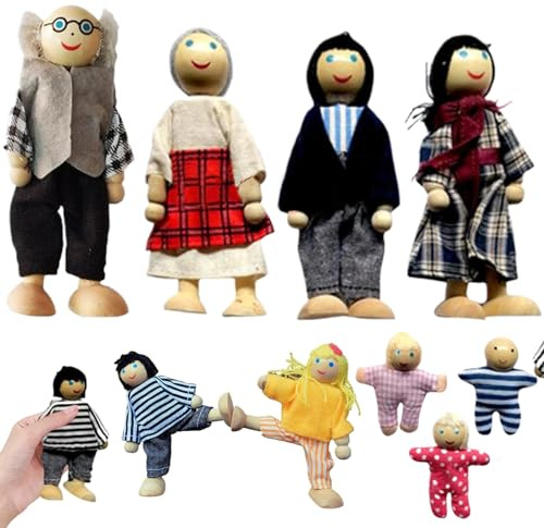Hperu Casa delle bambole Casa delle bambole Persone 9 Figure di famiglia in legno Posizionabili carina Figure di persone Set Giochi di finzione per ragazze Ragazzi Bambini Nata