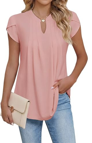 Cuptacc Blouse Femme Chic et Élégant Col en V Tunique Femme Casual plissée Manche Courte Top Rose, XXL 50-54