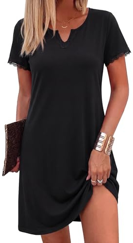 Litherday Camicia da Notte Donna Estiva Manica Corta con Pizzo Morbida e Traspirante Abbigliamento Casa Donna Nero XXL