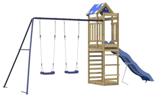Torre da gioco in legno di pino impregnato con scivolo ondulato, doppia altalena e sabbiera, altezza della piattaforma di 118 cm, stabile struttura da arrampicata per bambini, attrezzatura da gioco da