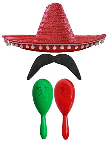 MEXIKANSK FANCY TRÄDGÅRDSTILLBEHÖRSSET - MEXIKAN SOMBRERO MED MARACAS OCH PÅ - (Röd POM POM SOMBRERO + grön och röd MARACAS)