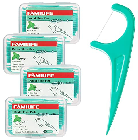 FAMILIFE Floss Picks, 240 Count Mint Dental Floss Cleaner, Tooth Picks Flossers with 4 Travel Handy Cases, Helps to Fight Tooth Decay and Keep Your Teeth Clean, Flossing Sticks for Family