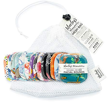 Marley's Monsters Facial Rounds 20 Count Pack + Laundry Bag - Soft and Reusable Cotton Rounds (Surprise Prints)