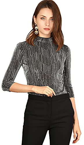 Allegra K Blusa Top Metálico De Rayas Brillantes Manga 3/4 Brillantina Fiesta para Mujer Disfraz de Halloween Negro Plata S