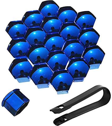 Bseical 20 Pezzi Copri Bulloni Cerchi Auto Set Universale, 17mm 19mm 21mm Copridadi Ruota per Auto, Pneumatici Tappi Coprivite con Strumento di Rimozione (Blu, 17mm)