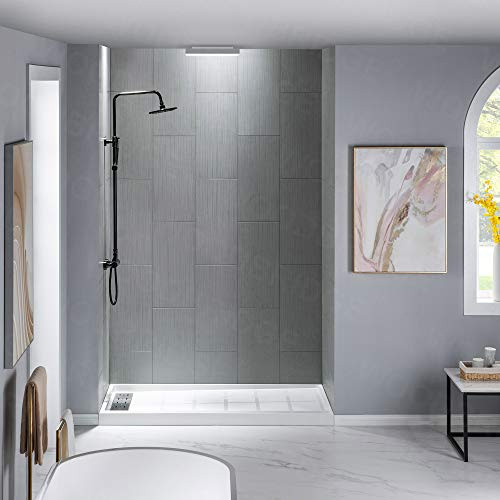 WOODBRIDGE Solid Surface 60 W x 96 H Tile Tub and Shower Wall Panel Surround, Quick Install, Cuttable, Stacked Block in a Staggered Vertical Pattern. Matte Gray Finish
