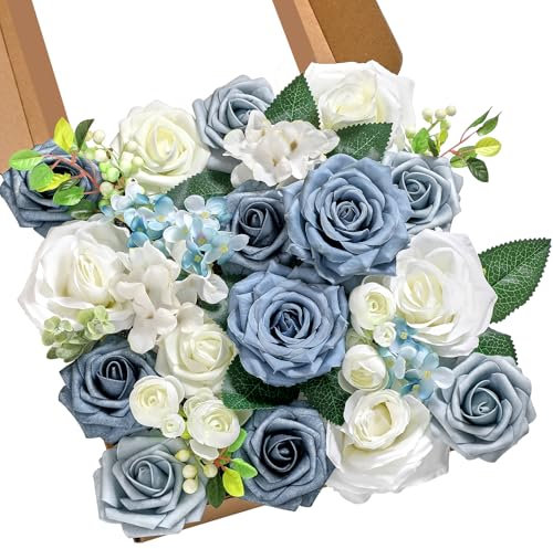 Serwalin Fleurs artificielles bleues en mousse de soie pour bouquet de mariée, roses blanches avec tiges pour décoration de fête de maison, centres de table, arrangements pour fête prénatale