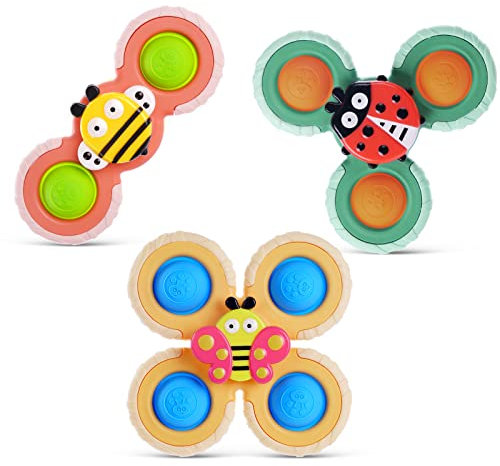 Vicloon Saugnapf-Kreiselspielzeug, 3 Stück Saugnapfer Drehspielzeug mit Beißring aus Silikon, Baby Badespielzeug, Sensorisches Spielzeug Baby, Toys Geschenke für 1-3 Jahre