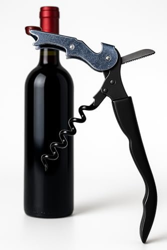 Cavatappi Sommelier in Acciaio Inox, con Tagliacartine Tirabusciò Vino Birra Cameriere Cucina Bar Ristorante (Nero, 1)
