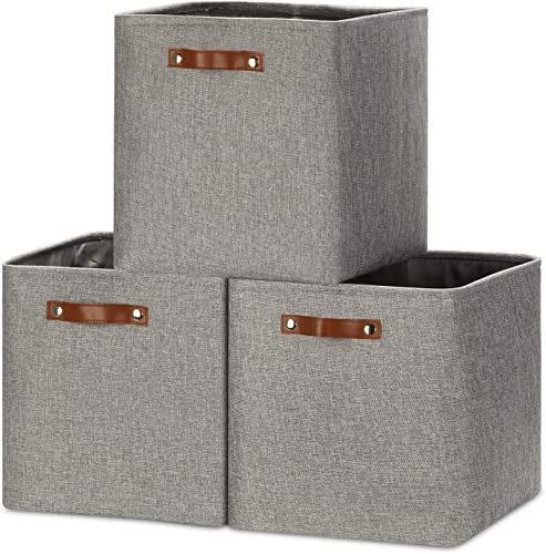 Mangata pieghevole scatole cubo di stoccaggio, 25CM cubo di lino tessuto cestini di stoccaggio con maniglie in pelle 3PCS (grigio)