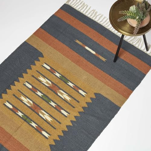 Homescapes Lundi Blau-Orange Jute-Baumwolle Teppich 160x230 cm, Handgewebter Fransen-Kelim Mit Geometrischem Muster